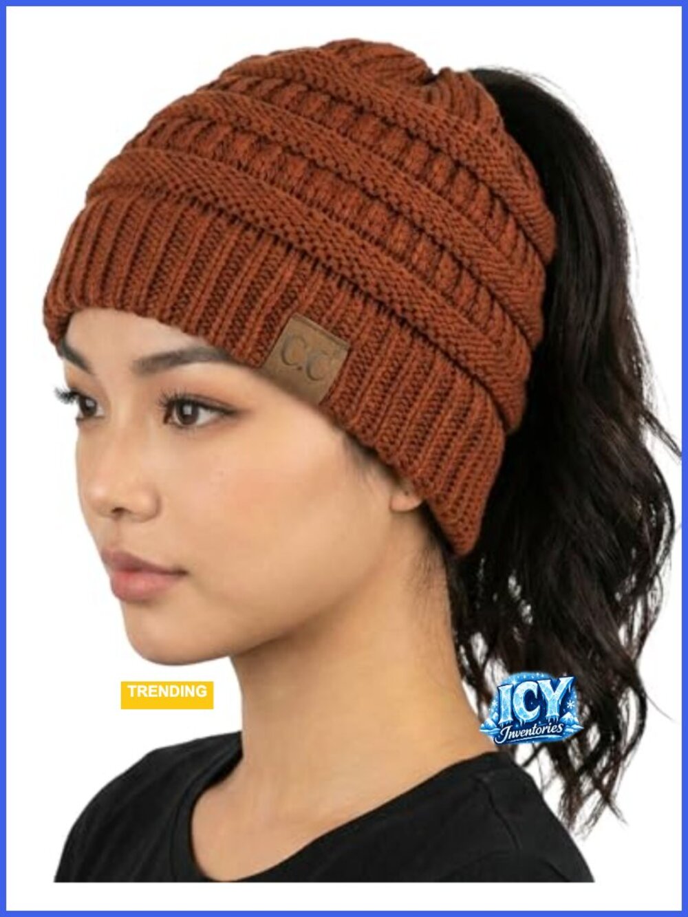 Cable Knit Ponytail Beanie Winter Hat Soft Stretch